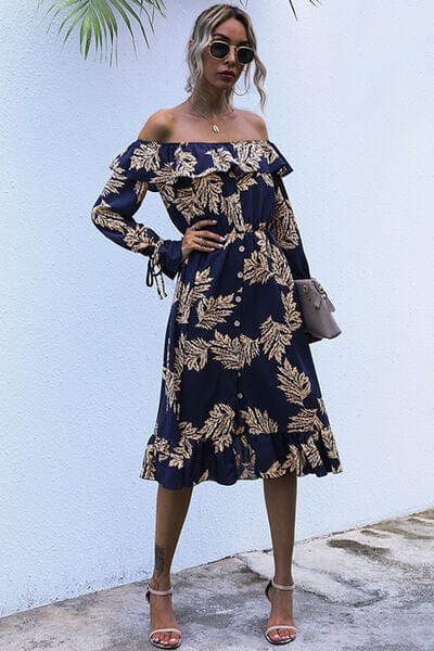 Ruffled Printed Off-Shoulder Midi Dress Navy / S