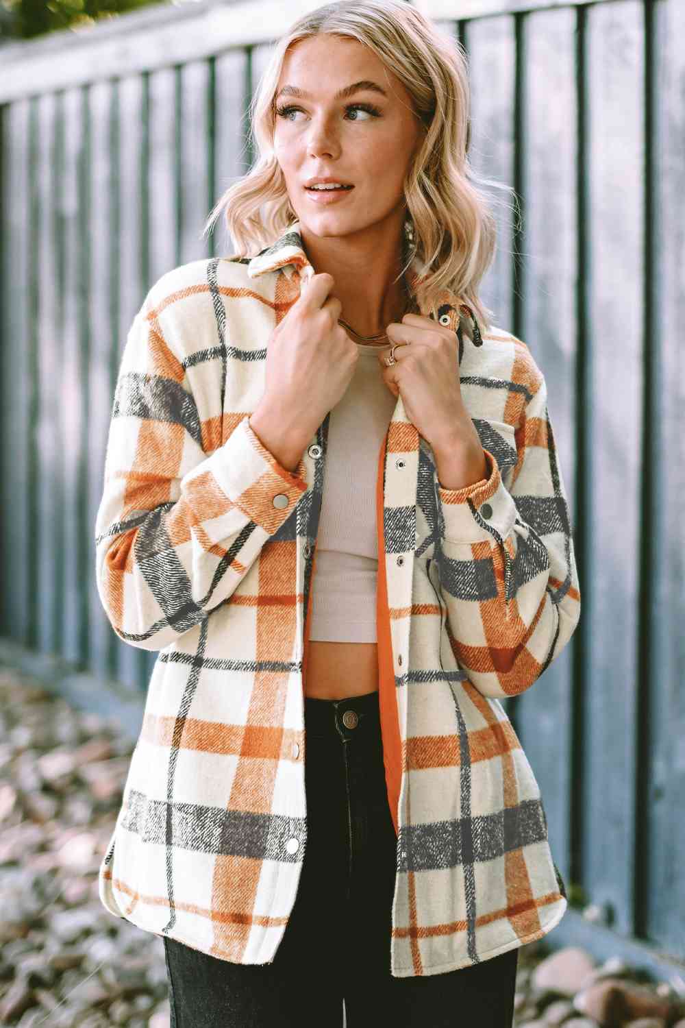 Plaid Collared Neck Snap Down Jacket Multicolor / S