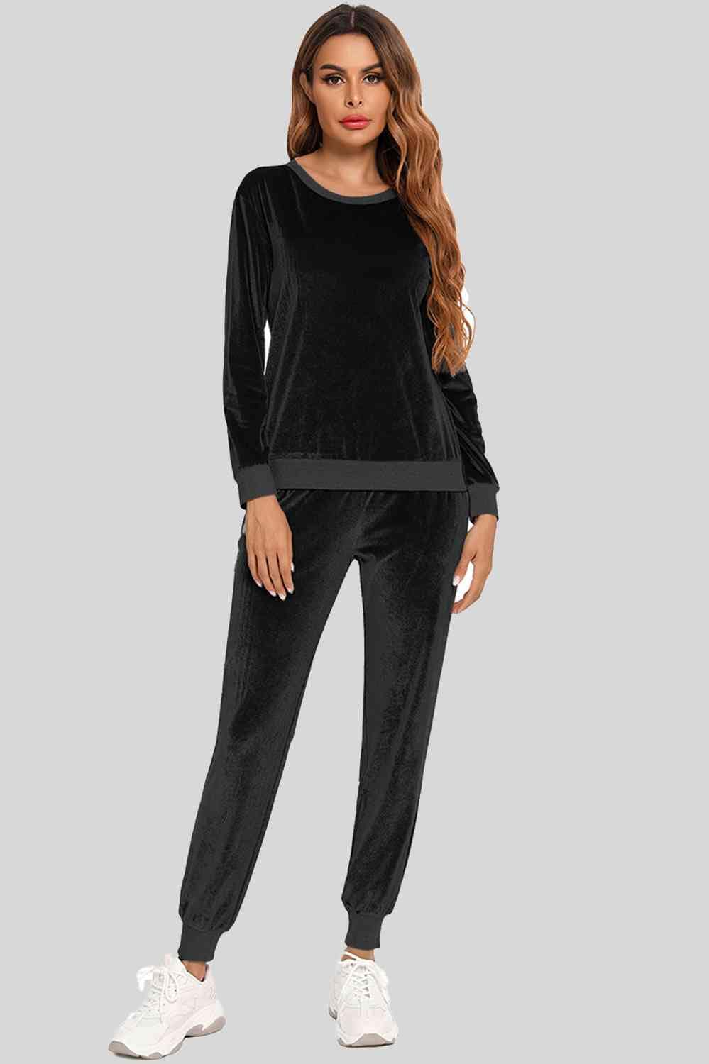 Round Neck Long Sleeve Loungewear Set with Pockets Black / S
