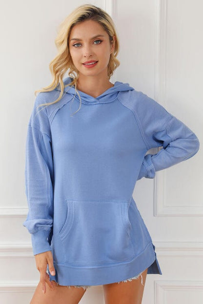 Exposed Seam Long Sleeve Slit Hoodie with Pocket Misty  Blue / S