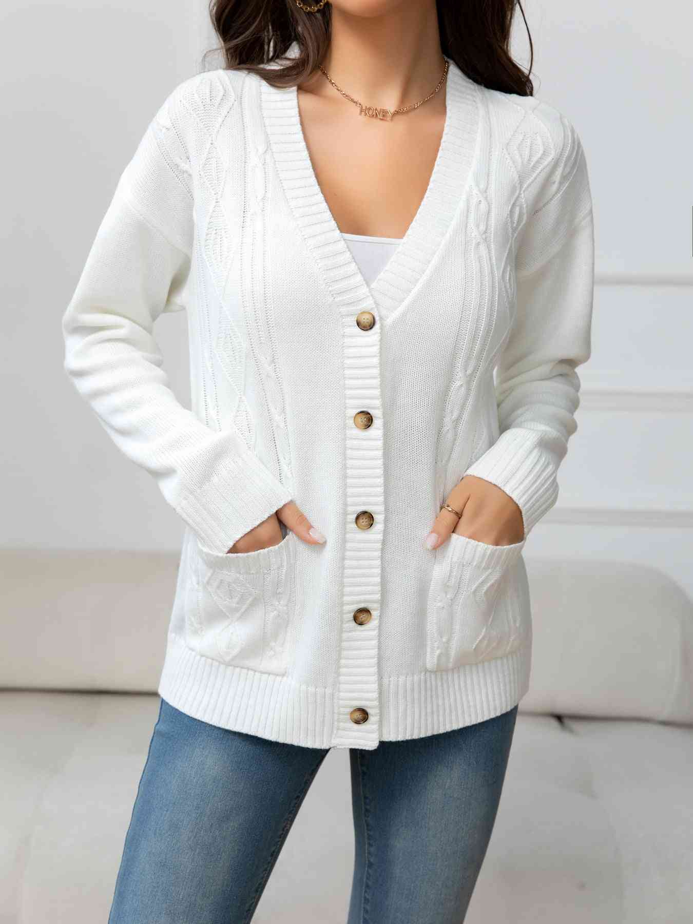 V-Neck Long Sleeve Buttoned Knit Cardigan with Pocket