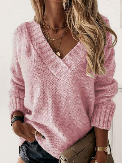 V-Neck Long Sleeve Knit Sweater Dusty Pink / S