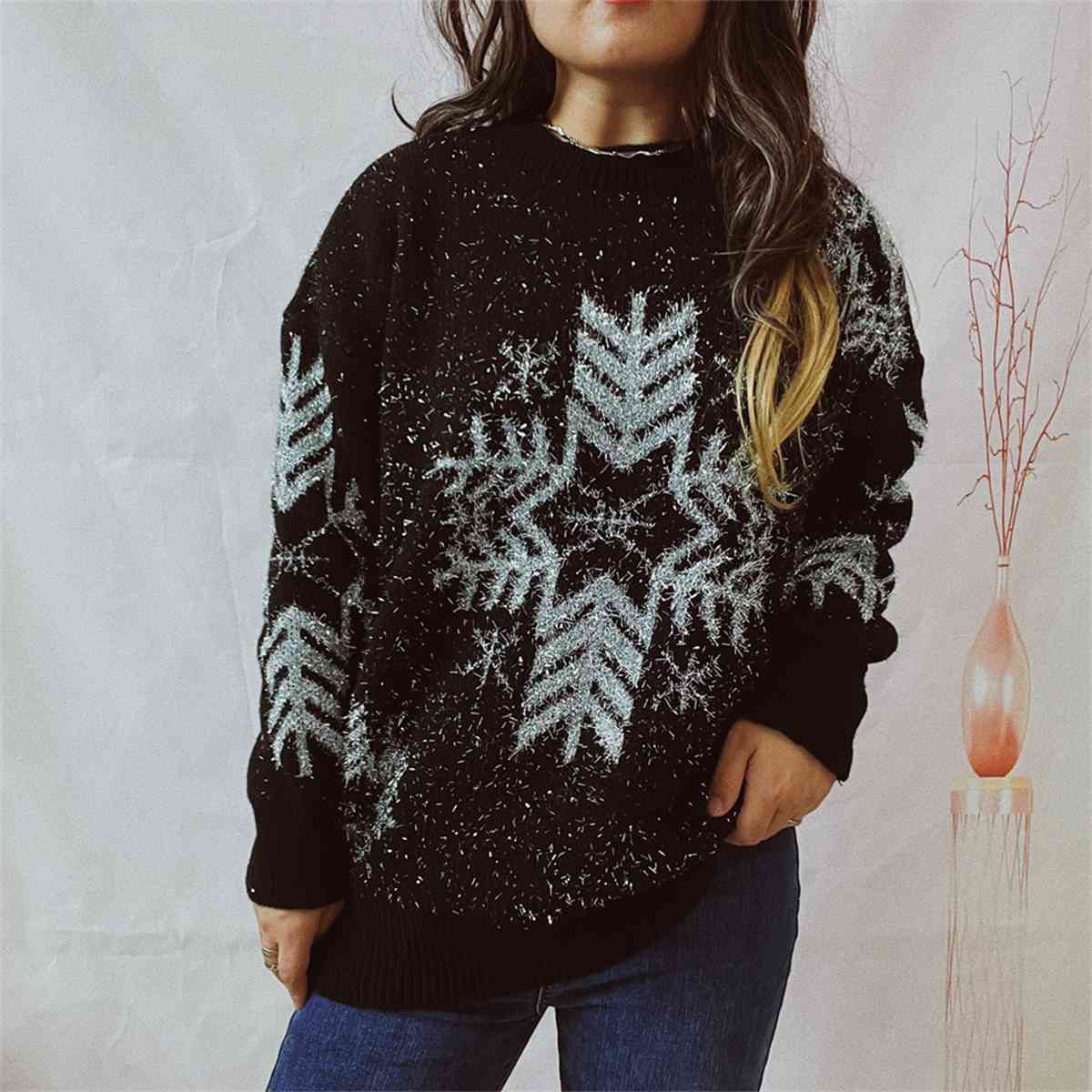 Snowflake Pattern Long Sleeve Sweater Black / S