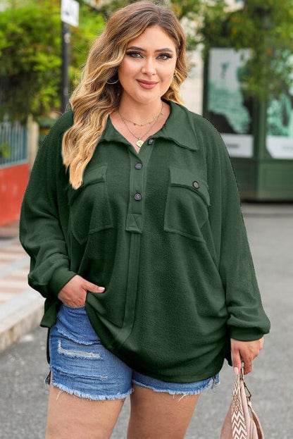 Plus Size Half Button Collared Neck Long Sleeve Blouse Green / 1XL