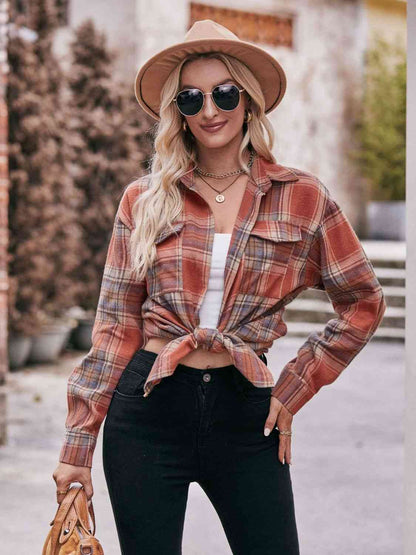 Plaid Dropped Shoulder Longline Shirt Brick Red / S