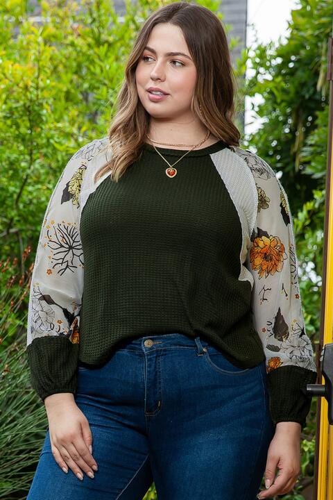 Plus Size Floral Waffle-Knit Round Neck Blouse Army Green / 1XL