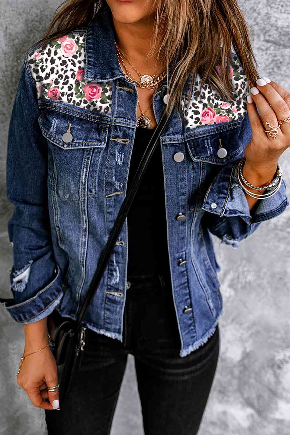 Mixed Print Distressed Button Front Denim Jacket Floral/Denim / S