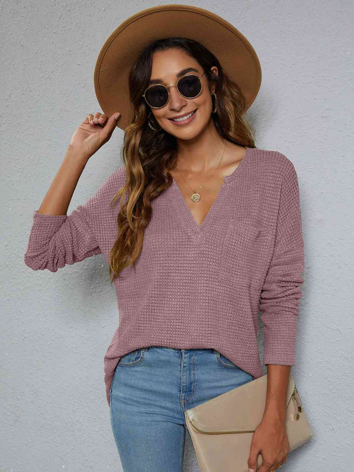 Dropped Shoulder High-Low Waffle-Knit Top Dusty Pink / S
