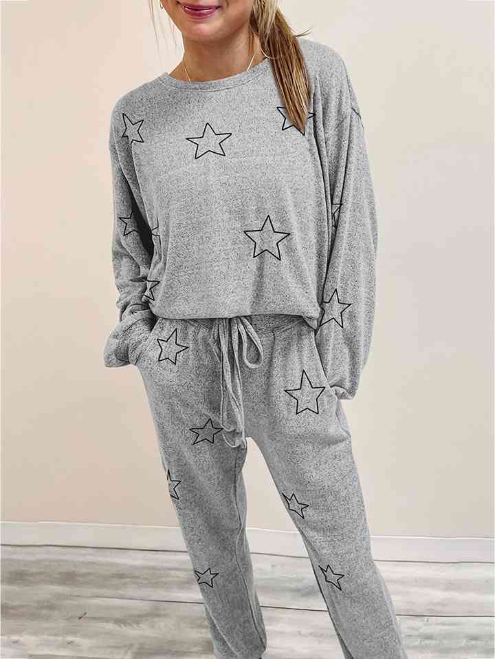 Star Print Long Sleeve Top and Pants Lounge Set Cloudy Blue / S