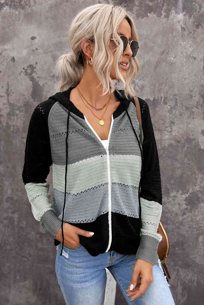 Zip-Up Raglan Sleeve Openwork Hooded Cardigan Black/Gray / S