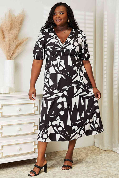 Double Take Printed Surplice Balloon Sleeve Dress Black / S