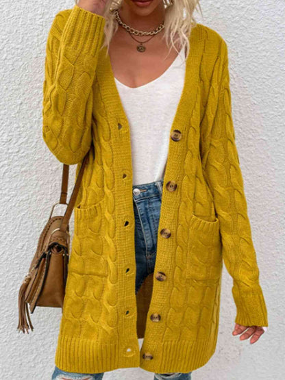 Cable-Knit Button Down Cardigan with Pockets Honey / S