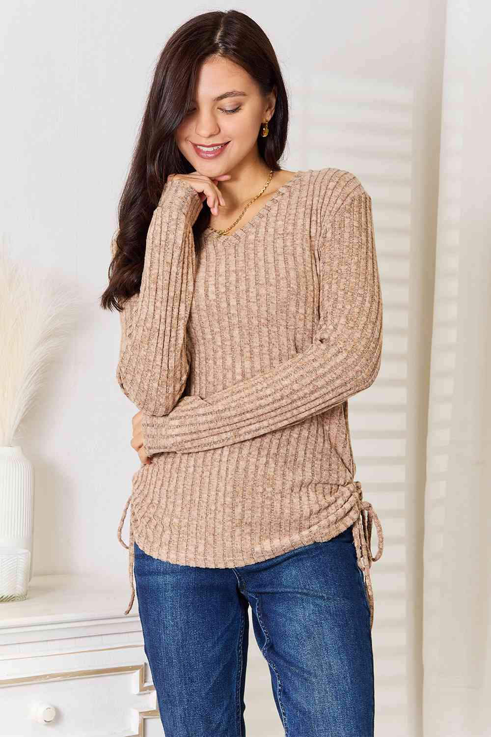 Double Take Drawstring Ribbed Long Sleeve T-Shirt Tan / S