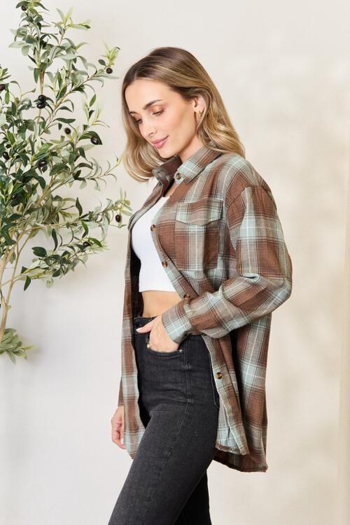 Double Take Olive Brown Plaid Dropped Shoulder Shirt