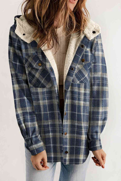 Plaid Snap Down Hooded Jacket Peacock  Blue / S