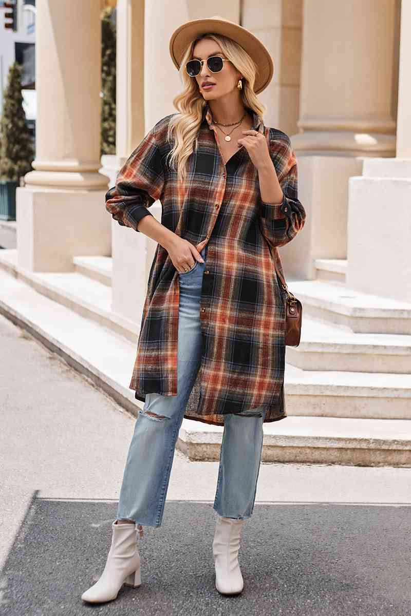 Plaid Collared Neck Long Sleeve Coat Black / S