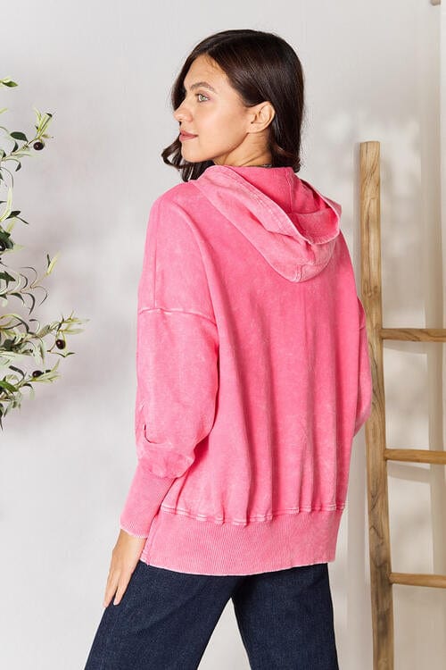 Zenana Half Snap Fushia Hoodie with Pockets