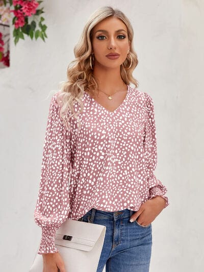 Printed V-Neck Lantern Sleeve Blouse Dusty Pink / S