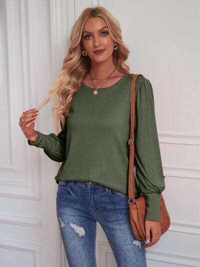 Round Neck Lantern Sleeve Blouse Moss / S