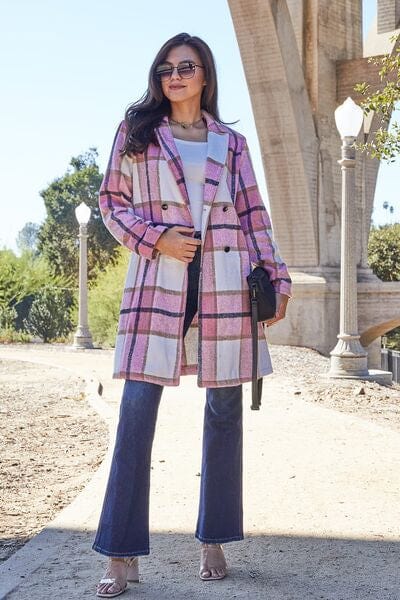 Double Take Full Size Plaid Button Up Lapel Collar Coat Carnation Pink / S