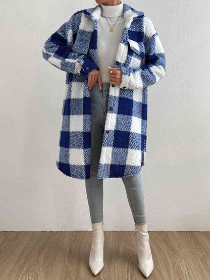 Plaid Collared Neck Button Down Coat Royal  Blue / S