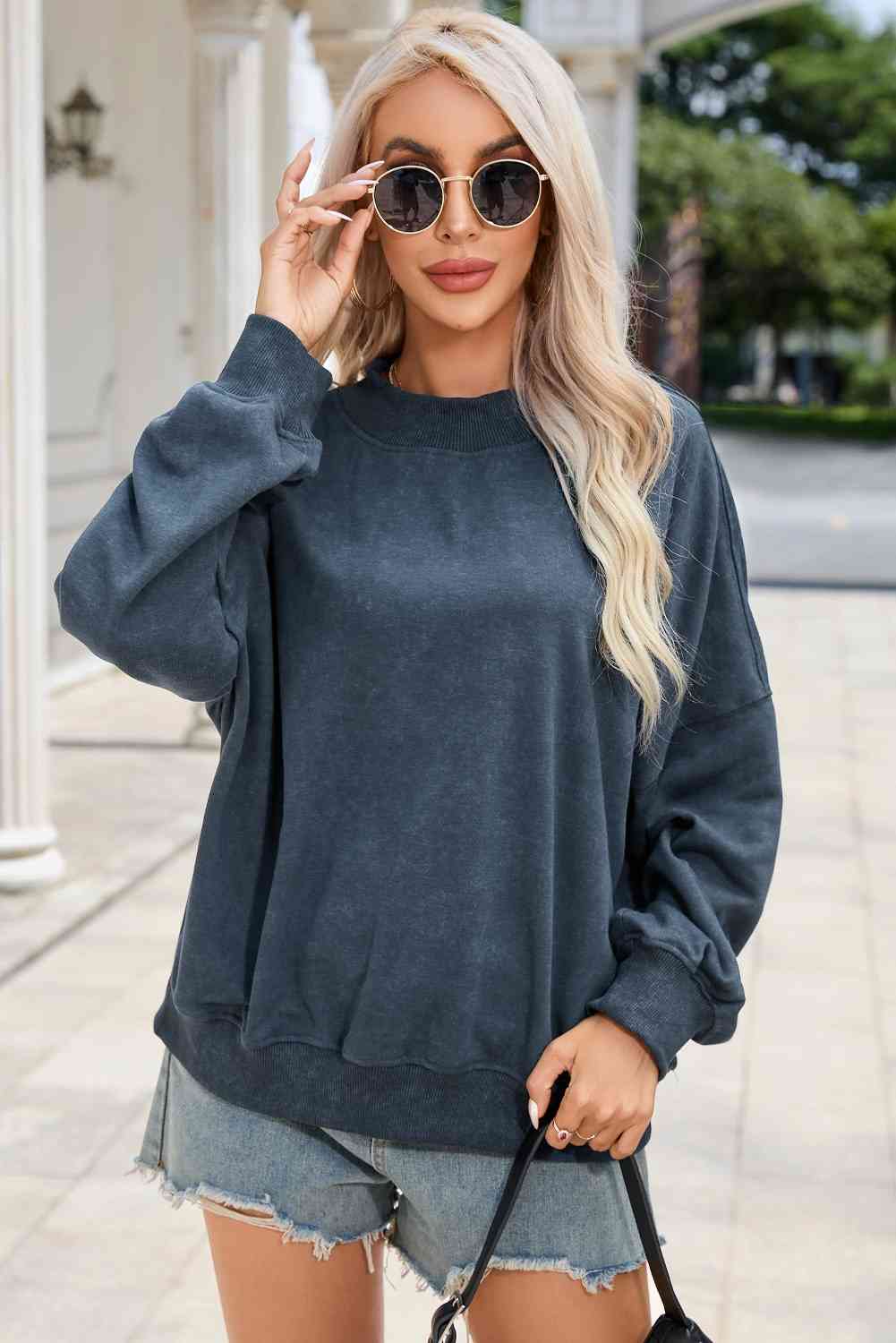 Ribbed Round Neck Dropped Shoulder Sweatshirt French Blue / S