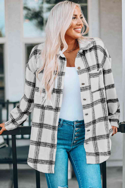 Plaid Curved Hem Dropped Shoulder Longline Shirt Jacket White / S