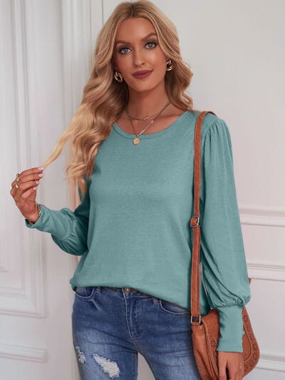 Round Neck Lantern Sleeve Blouse Teal / S