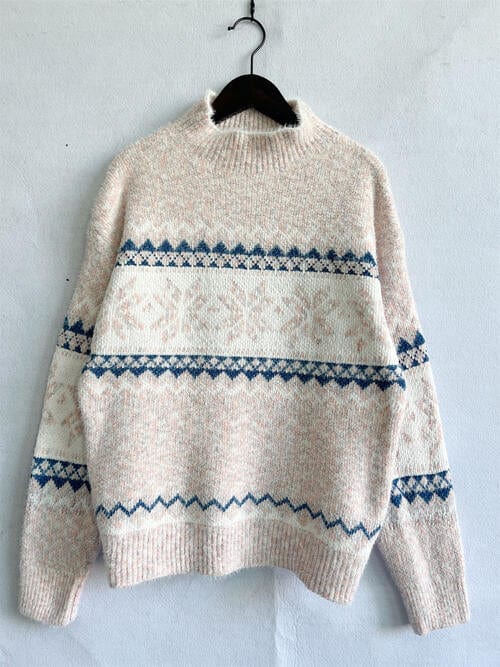 Geometric Snowflake Mock Neck Dropped Shoulder Sweater