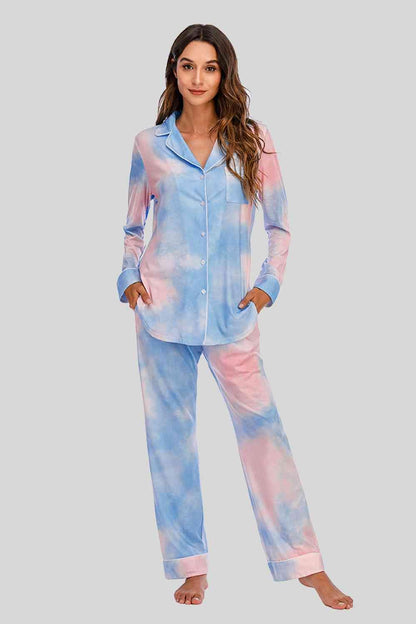 Collared Neck Long Sleeve Loungewear Set with Pockets Multicolor / S