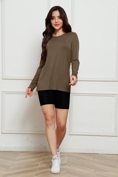 Basic Bae Full Size Round Neck Long Sleeve Top Coffee Brown / S