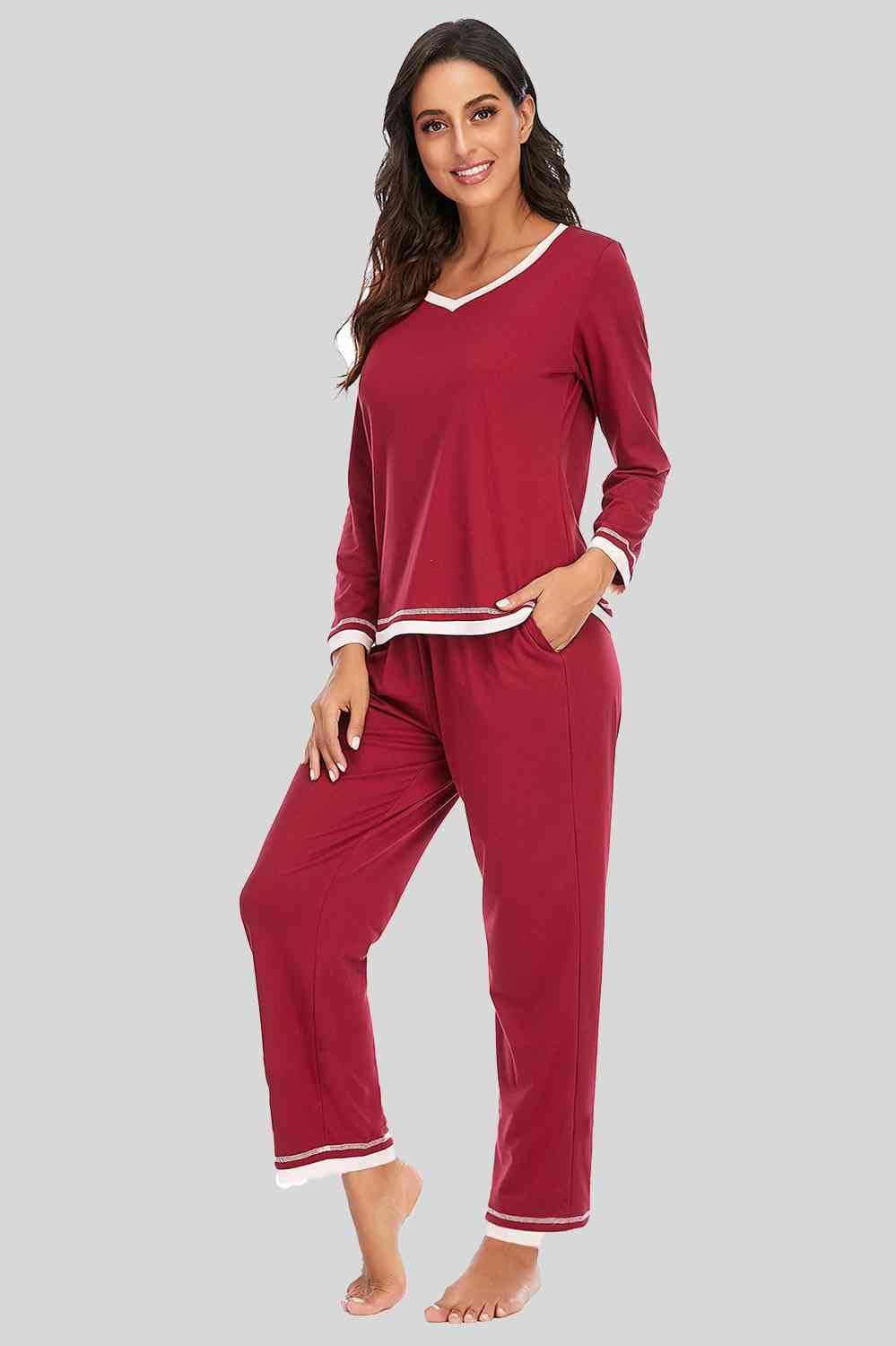 V-Neck Top and Pants Lounge Set Wine / S
