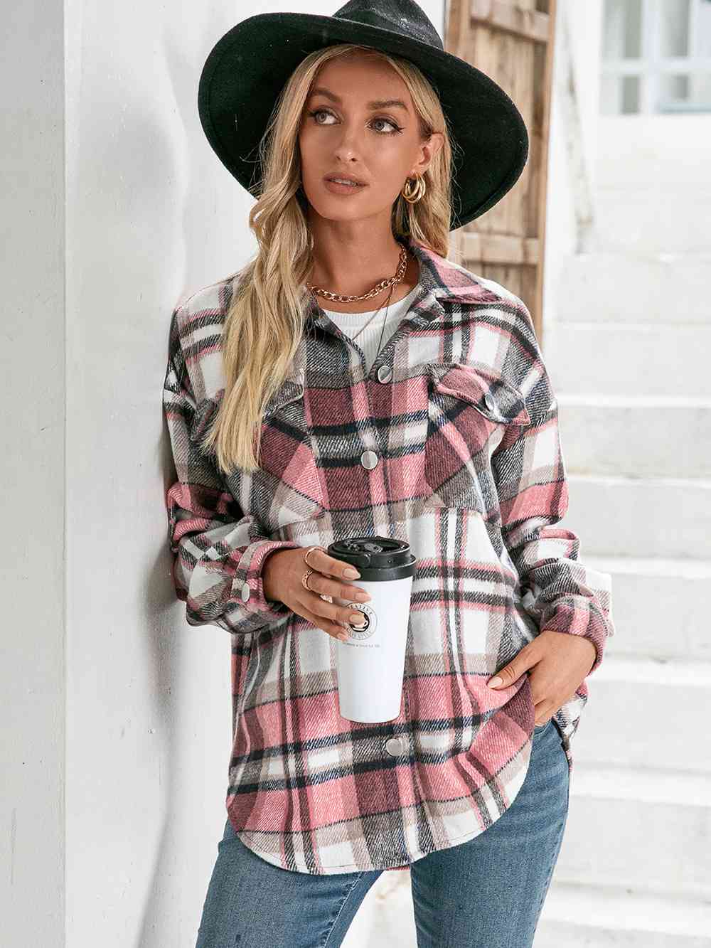 Meet You Outside Plaid Button Down Curved Hem Shacket Blush Pink / S