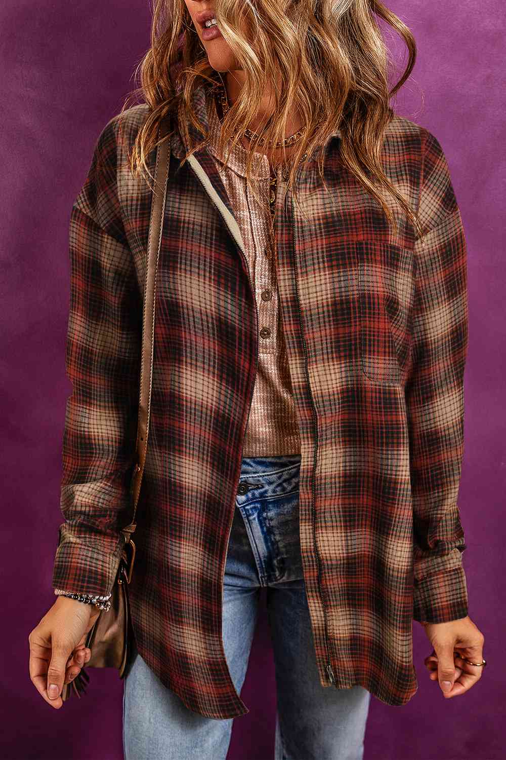 Chestnut Plaid Zip-Up Collared Jacket Chestnut / S