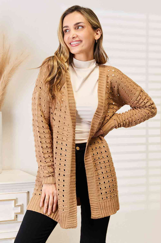 Woven Right Openwork Horizontal Ribbing Open Front Cardigan Caramel / S