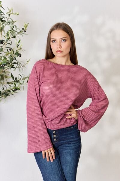 Culture Code Full Size Waffle-Knit Round Neck Long Sleeve Blouse DARK ROSE / S