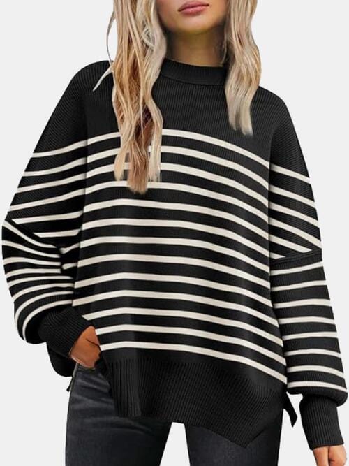 Round Neck Drop Shoulder Slit Sweater Black/White / S