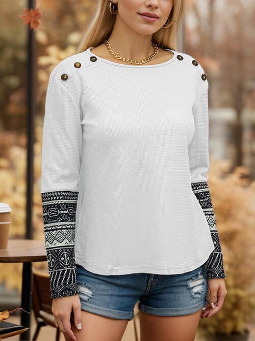 Geometric Waffle-Knit Buttoned Round Neck Top