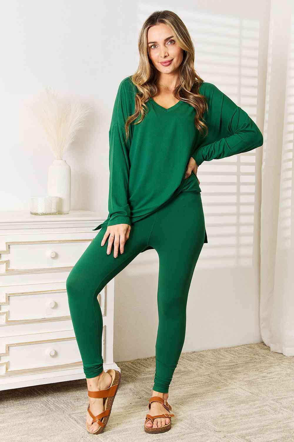 Zenana Lazy Days Green Long Sleeve Top and Leggings Set