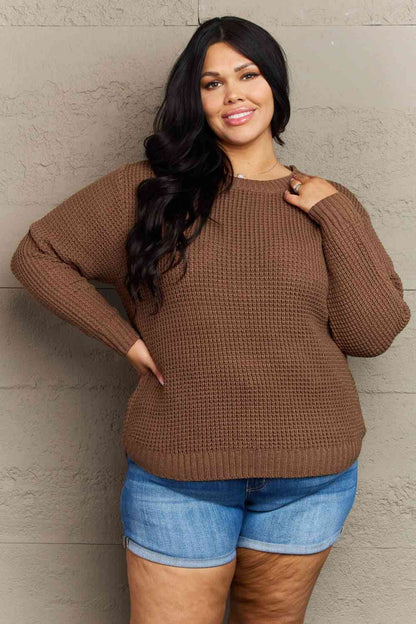 Zenana Breezy Days Chestnut Plus Size High Low Waffle Knit Sweater Chestnut / 1XL