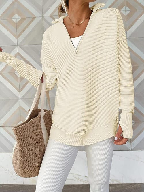 Half Zip Long Sleeve Knit Top Cream / S