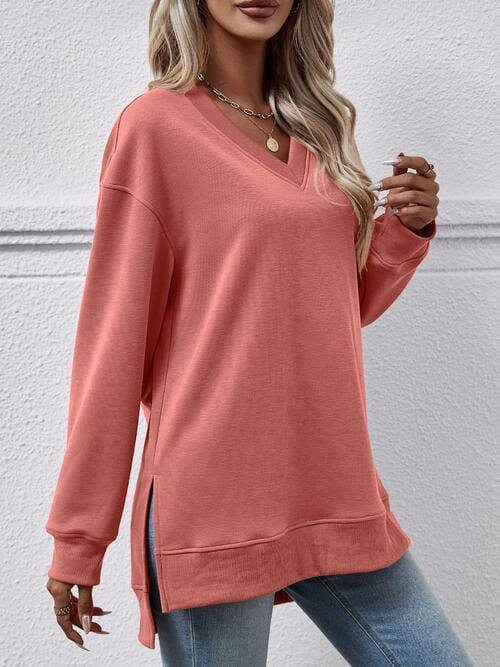 V-Neck Slit Long Sleeve Sweatshirt Coral / S