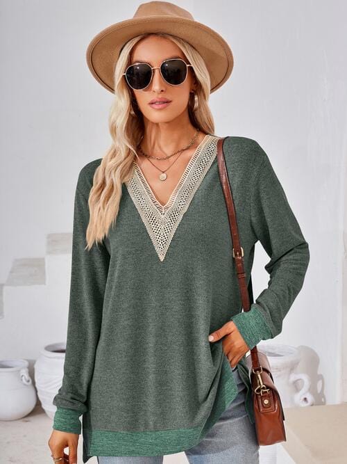 Crochet V-Neck Long Sleeve Slit Top Army Green / S