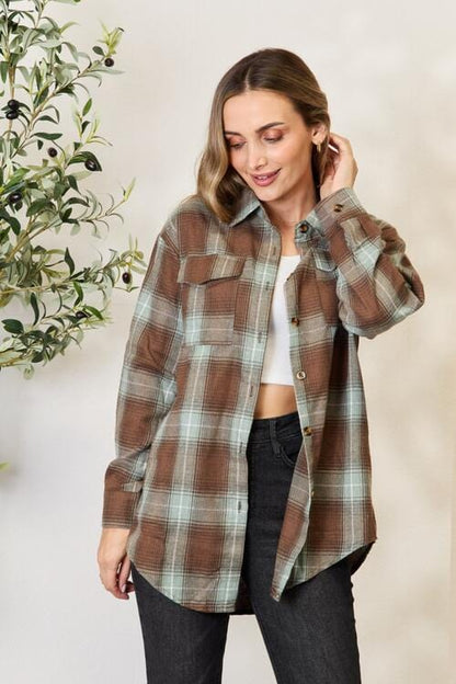 Double Take Olive Brown Plaid Dropped Shoulder Shirt Olive Brown / S