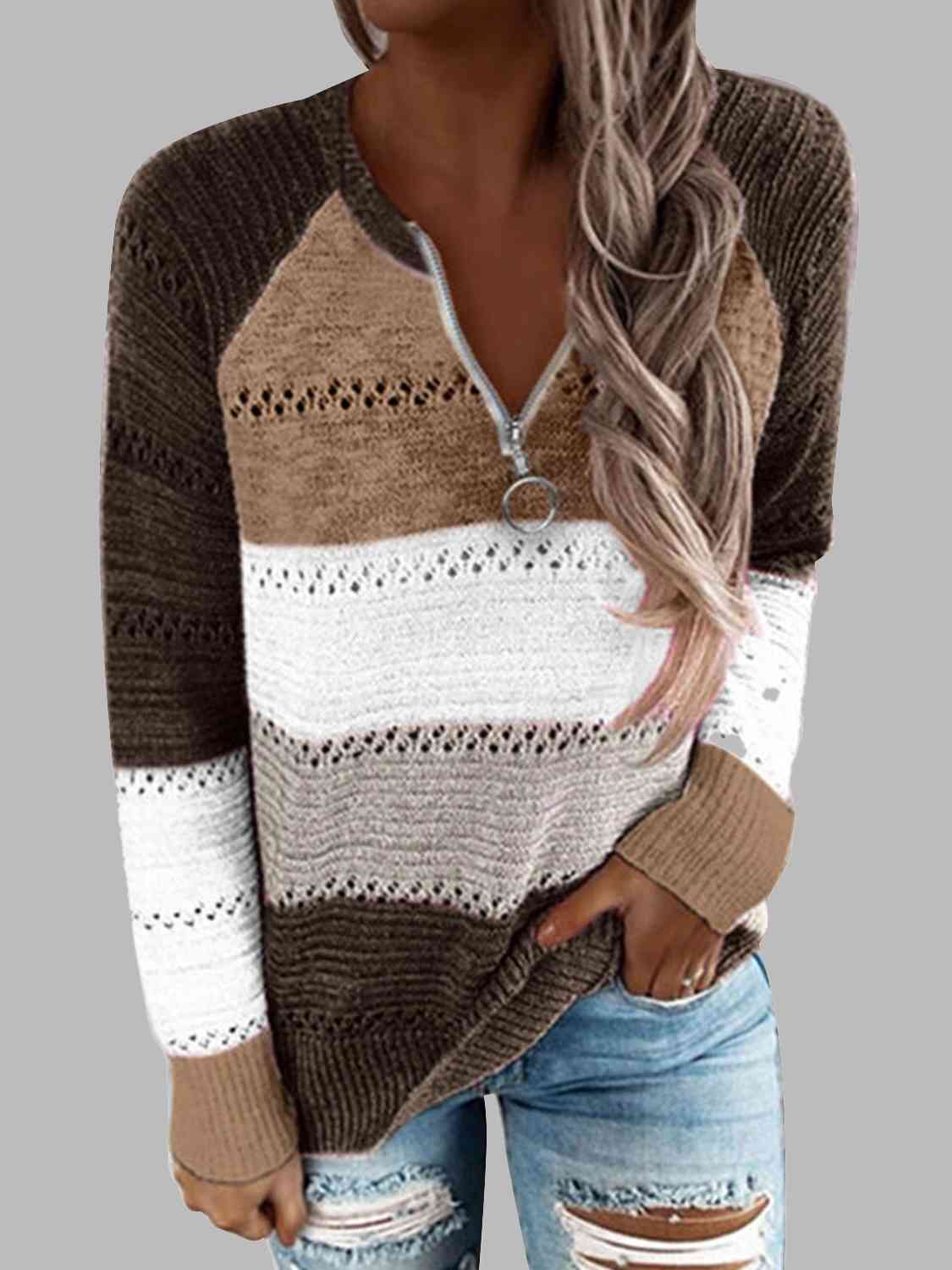 Full Size Color Block Half Zip Sweater Taupe / S