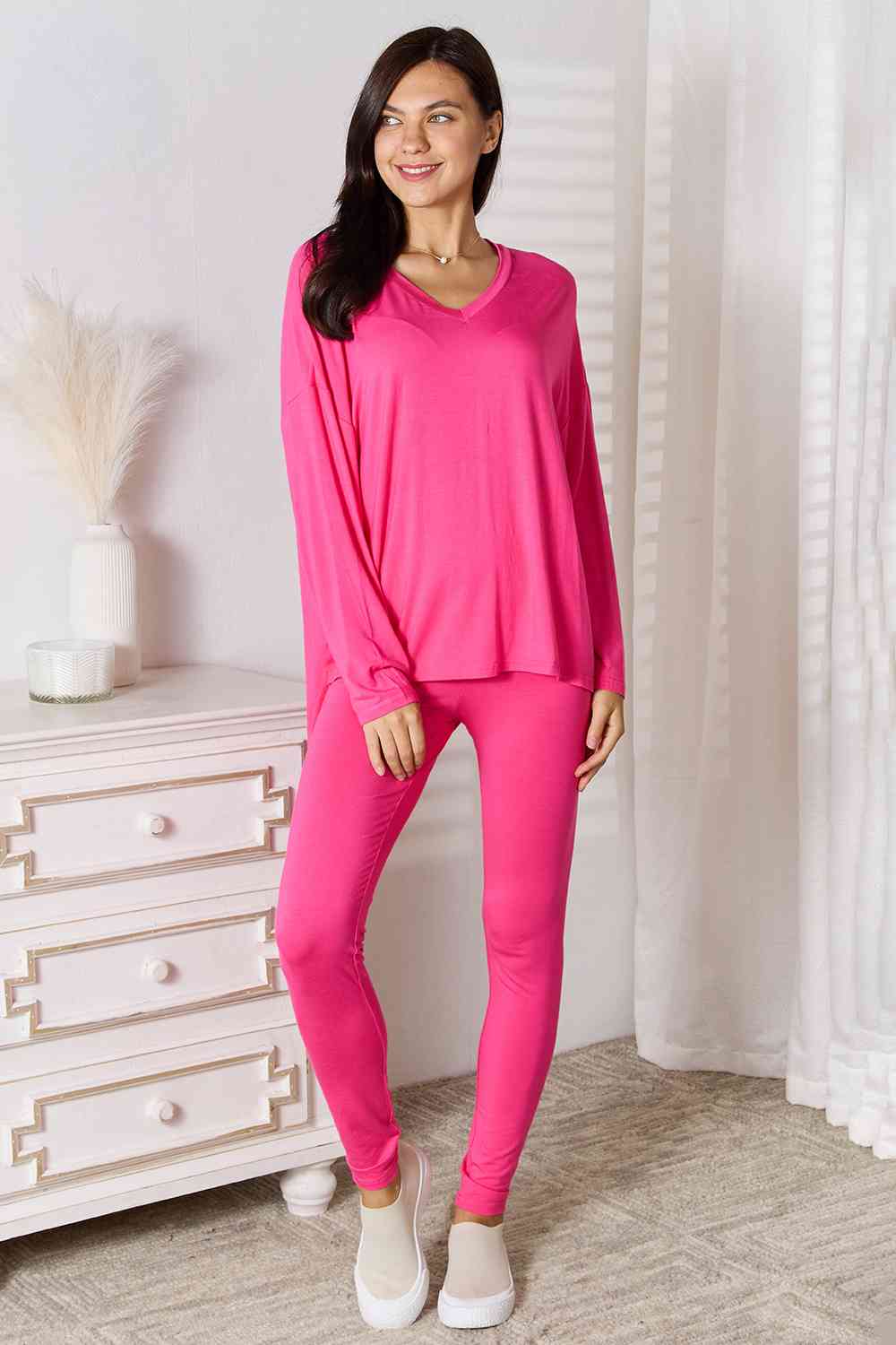 Basic Bae Full Size V-Neck Soft Rayon Long Sleeve Top and Pants Lounge Set Hot Pink / S