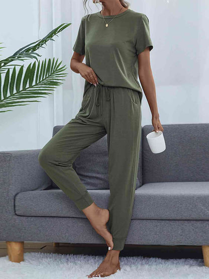 Round Neck Short Sleeve Top and Pants Set Moss / XS