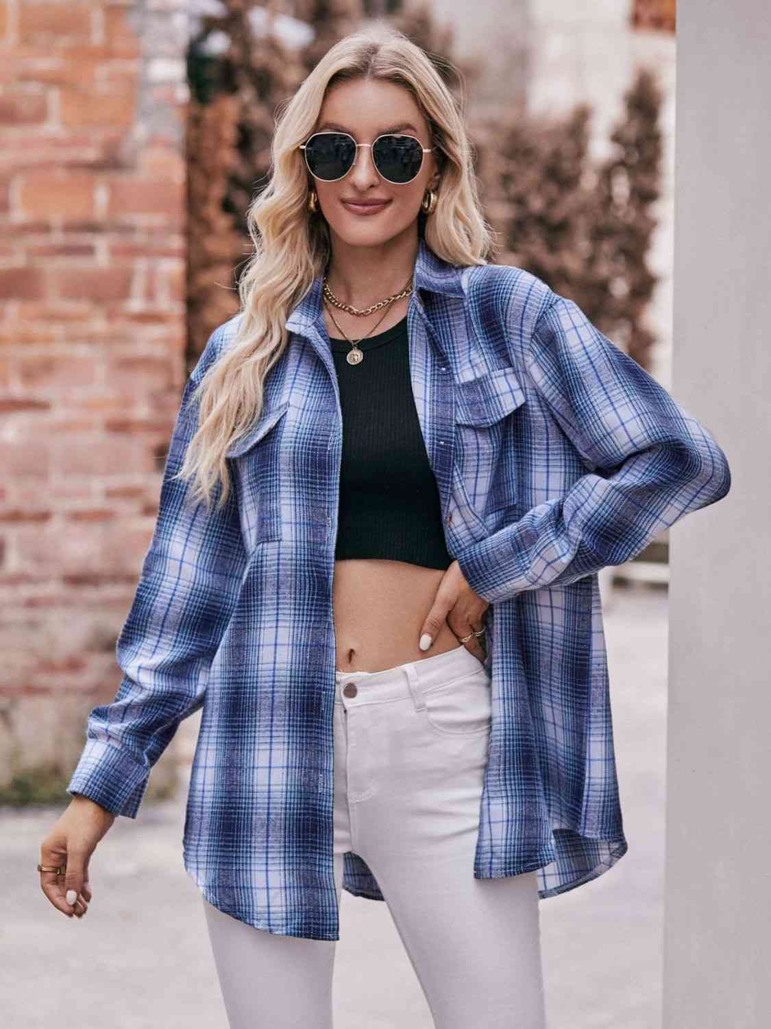 Plaid Dropped Shoulder Longline Shirt Navy White / S