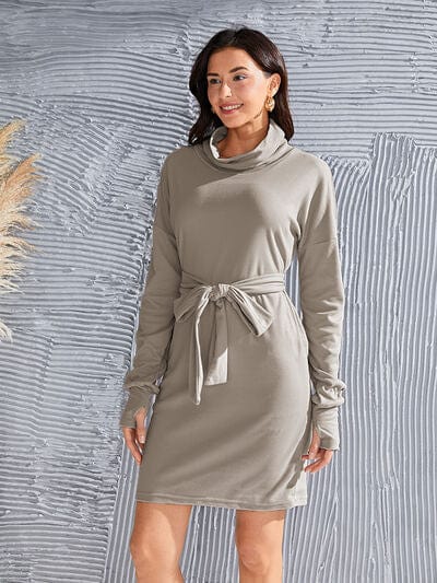 Tie-Waist Turtleneck Long Sleeve Dress Dust Storm / S