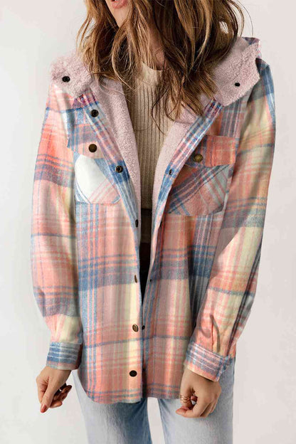 Plaid Snap Down Hooded Jacket Dusty Pink / S